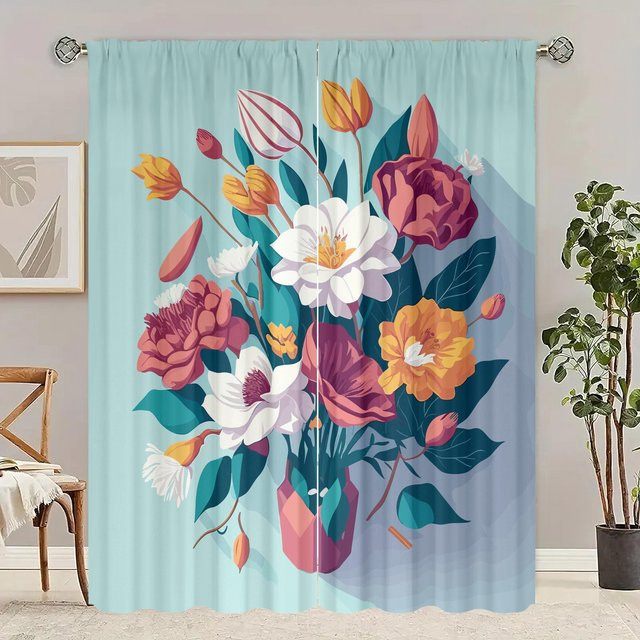 Yiran Furniture 2er-Set bedruckte Vorhänge mit Blumenmuster aus Polyester, halbtransparent, Multicolour, Breite: 132,08 cm, Höhe: 230 cm - Bild 1