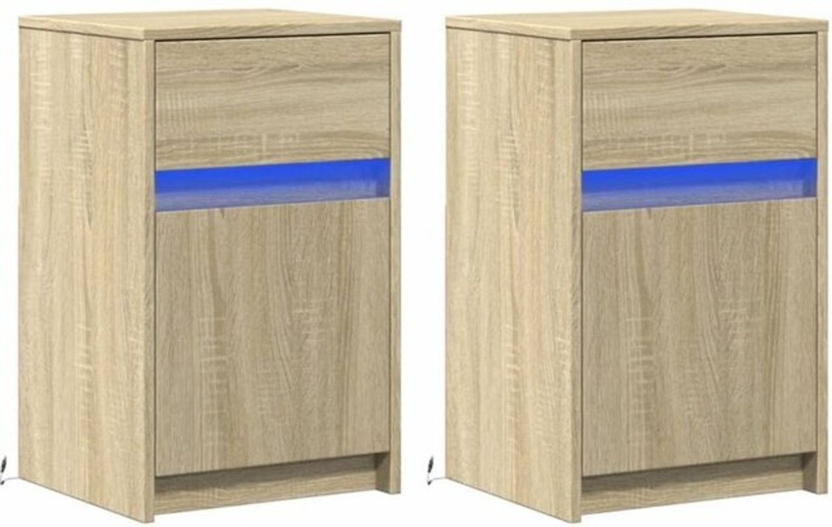 Vidaxl Set aus 2 Nachttischen mit LED-Leuchten in Eiche Natur Braun aus Holzwerkstoff im modernen Design - Bild 1