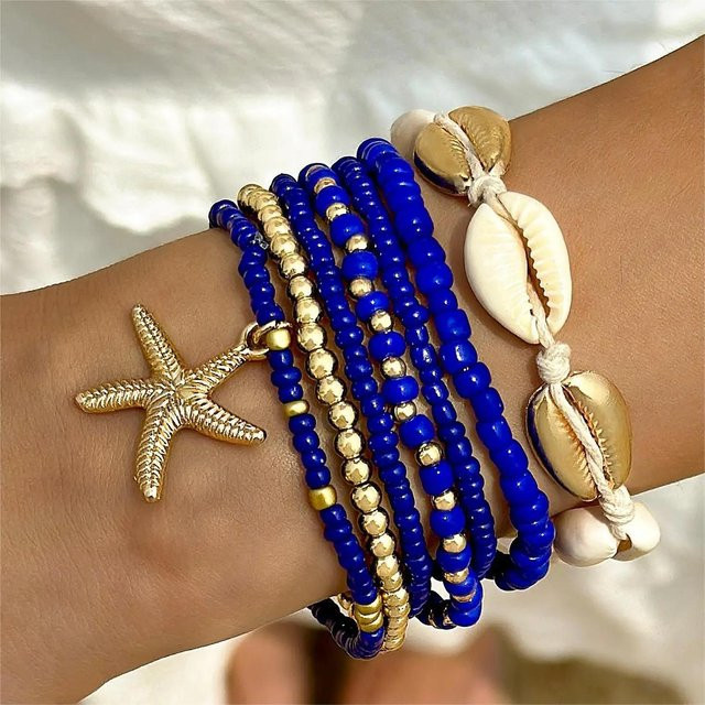 YIRAN Armband Set, 7-teilig, Seestern, Muschel, Perle, Kunststoff, Damen, blue - Bild 1