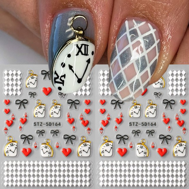 Retro-Uhr-Nagelkunst-Aufkleber, 5D Schleife und Liebesherz-Design - Bild 1