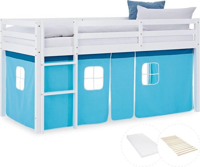 Homestyle4u Kinder Hochbett aus Kiefernholz mit Matratze und Vorhang in Blau, B/T/H: 90 x 200 x 175 cm - Bild 1