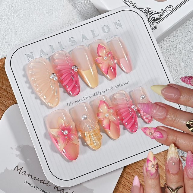 MAFANAILS Press On Nails, Mandel, 3D Blush Flower Pearl, Glänzend - Bild 1