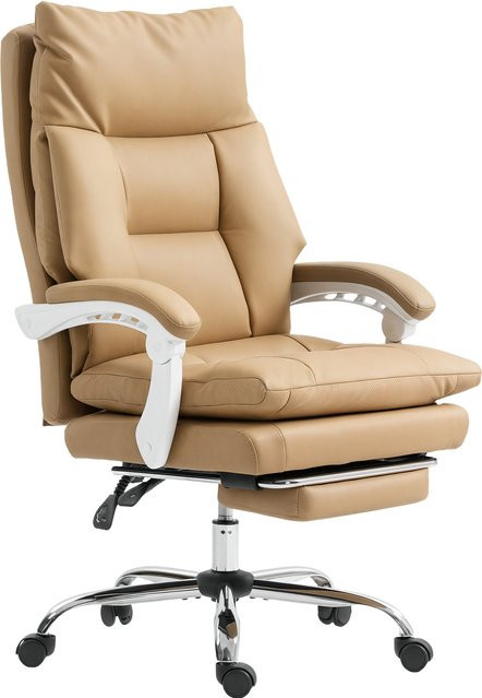 Ergonomischer HOMCOM Bürostuhl mit Lendenwirbelstütze, klappbaren Armlehnen und Fußstütze, höhenverstellbarer Drehstuhl mit Liegefunktion aus Kunstleder, Hellbraun - Bild 1