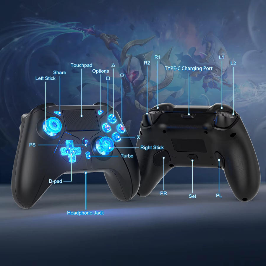 GAMROMBO Wireless Controller mit RGB-Beleuchtung und Hall Linear Trigger für PS5, PS4, PC, Nintendo Switch und iOS, Bluetooth Gamepad in Schwarz oder Weiß - Bild 3