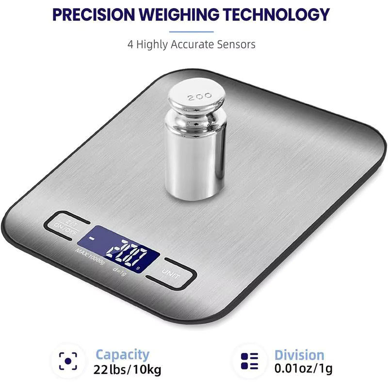 Digitale Küchenwaage Kitchya in Silber mit Edelstahlplatte und LED-Anzeige, Tragkraft bis 10 kg mit 1 g Genauigkeit - Bild 3