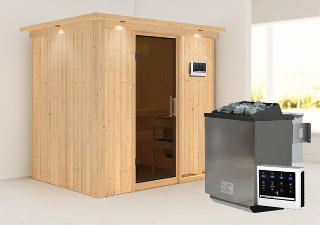 Karibu Sauna Bjarne Bio-Sauna mit BioKombiofen 9 kW, Dachkranz und Ganzglastür in Graphit, B/T/H: 196 x 151 x 202 cm - Bild 1