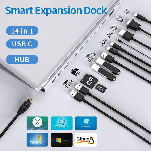 GGBEE 14-in-1 USB-C Dockingstation Multi-Port-Verteiler mit Hochgeschwindigkeits-Datenübertragung in Grau - Bild 1