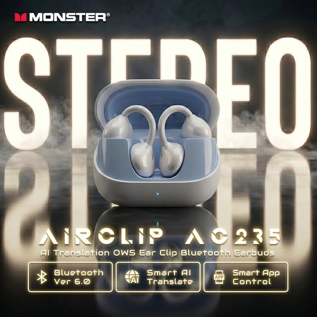 Monster AC235 KI-Übersetzer Ohrclip-Kopfhörer mit Bluetooth 6.0, HiFi-Stereoklang und ENC für klare Anrufe, TWS kabellose Ohrhörer, Schwarz - Bild 1