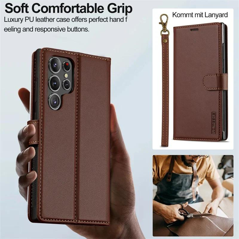 YULIN Magnetische Leder-Geldbörse Handyhülle für Samsung Galaxy mit Lanyard in Schwarz, Braun, Blau, Rot oder Lila - Bild 2