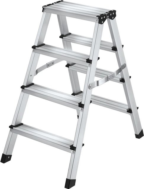 Tectake Doppelseitige Trittleiter aus Aluminium mit 4 Stufen, klappbar und rutschfest, Silber, B/T/H: 72,5 x 43 x 77,5 cm - Bild 1