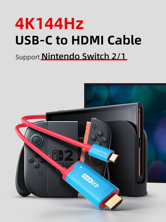 CABLETIME USB-C auf HDMI Adapter mit 100W PD, 4K 144Hz, Schwarz, kompatibel mit PlayStation und Nintendo Switch - Bild 3