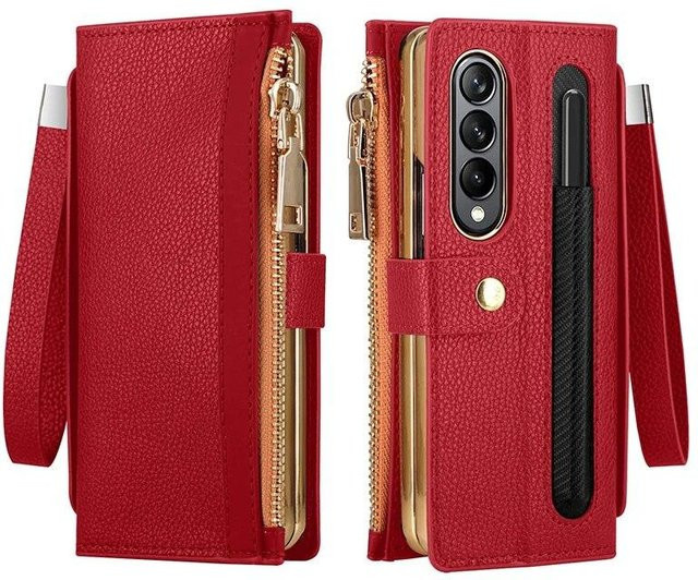 Leder-Brieftaschenhülle für Samsung Galaxy Z Fold 6 5G 5 4 3 mit Stifthalter, Kartenschlitz und Reißverschluss in Rot - Bild 1