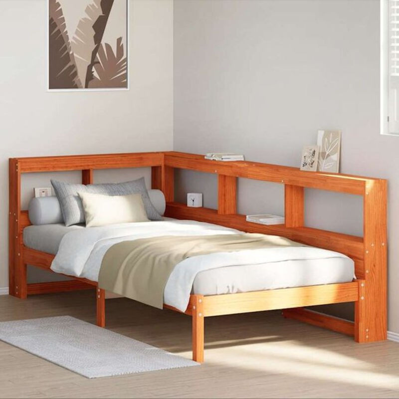 Massivholzbett aus Kiefer mit Regal im Landhausstil von vidaxl, Farbe Braun, B/T/H: 90 x 190 x 80 cm - Bild 1