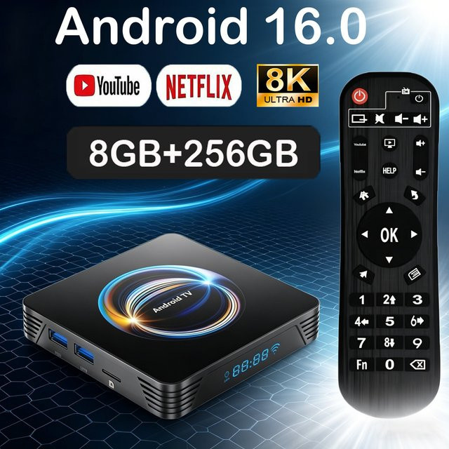 X66 Smart TV Box Android 16 Media Streamer mit 8GB RAM und 256GB Speicher, 8K Videoplayer, Dual WLAN und Bluetooth 6.0 in Schwarz - Bild 1