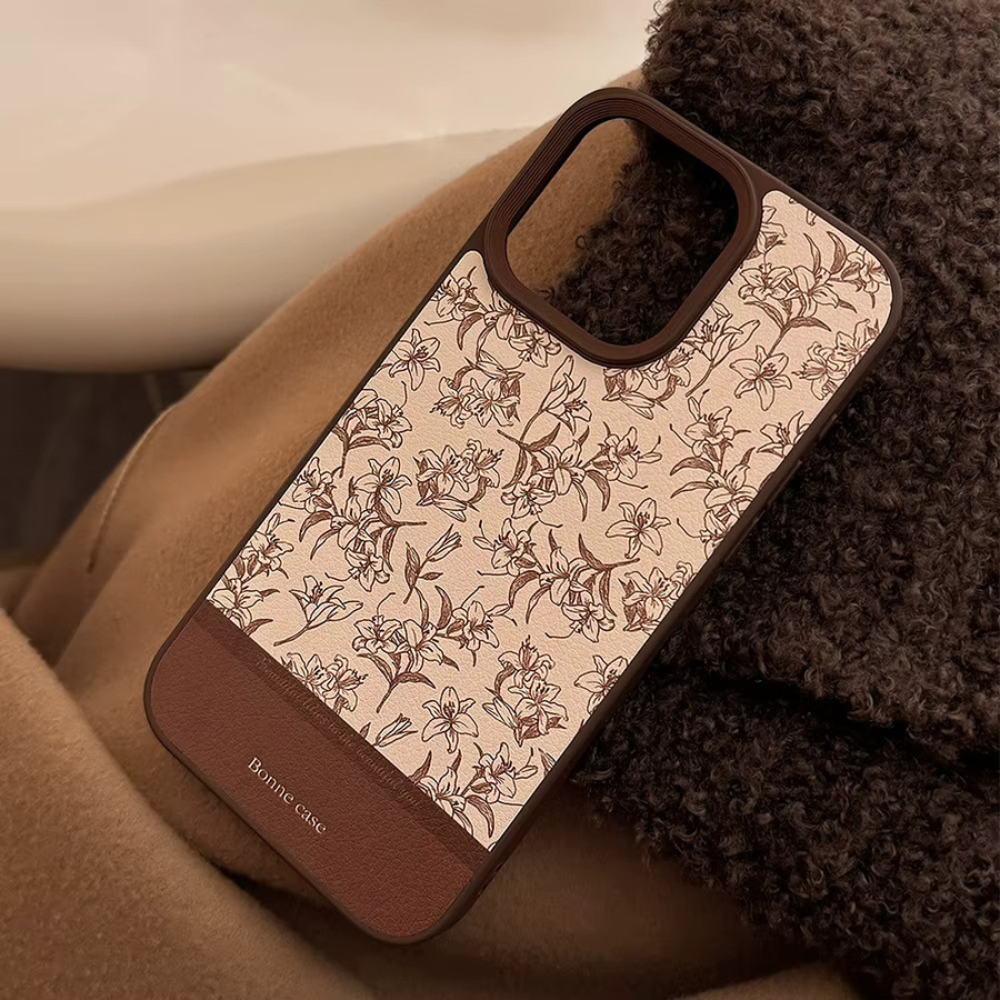 MUQGEW Handyhülle mit koreanischem Retro-Lilien-Blumenmuster und Ledertextur für iPhone 17, 16, 15, 14, 13, 12, 11 (Pro Max), stoßfest, Farbe: Beige - Bild 3