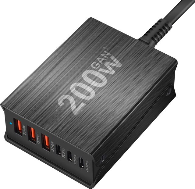 Deepartner USB-C 6-Port Ladestation Hub mit 200 W Fast Charging PD-Ladegerät in Schwarz - Bild 1