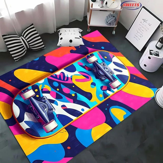 AISILK MOON Teppich mit Skateboard-Print, rutschfeste und waschbare Bodenmatte aus Polyester für Kinderzimmer, Wohnzimmer oder Schlafzimmer, Mehrfarbig, B/T: 80 x 50 cm - Bild 1
