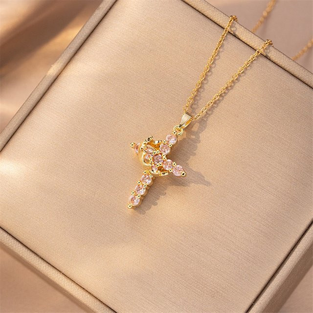 Rinhoo Halskette Krone Kreuz, Edelstahl, Gold, Kristall, Damen - Bild 1