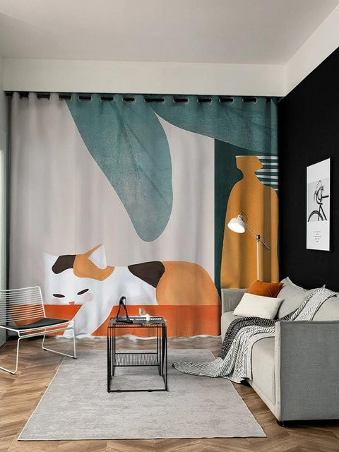 Yiran Furniture Kätzchen Vorhang Set mit Motiv, 2er Pack, Hochverdunkelung und Wärmeisolierung, Mehrfarbig, Breite: 55 cm, Höhe: 120 cm - Bild 1