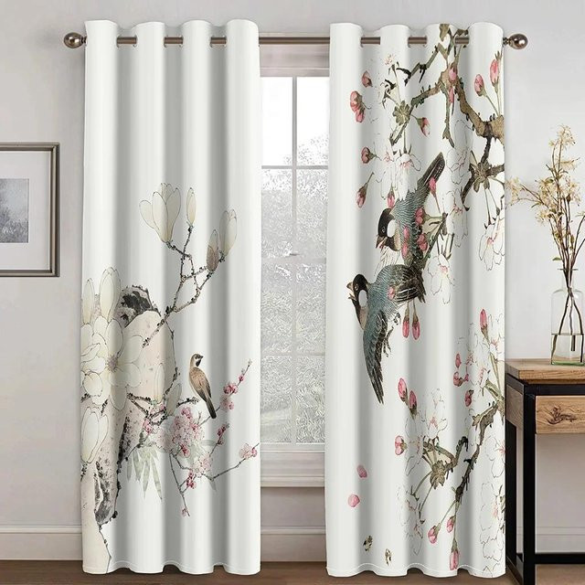Yiran Furniture Vorhänge mit traditionellem chinesischem Vogel- und Blumenmuster, 2er-Set, Mehrfarbig, Breite: 65 cm, Höhe: 60 cm - Bild 1