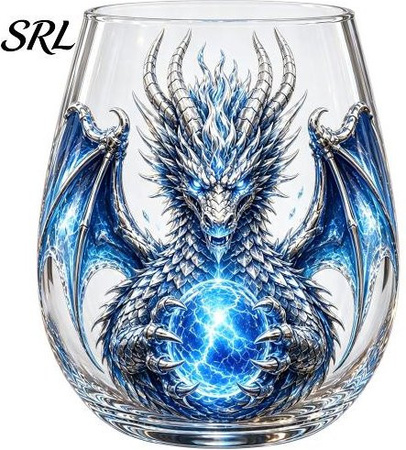 Mythic Glass Art Drachen Whiskyglas Tumbler mit 3D-Skulptur und Kristallkugel, Blau, 400 ml