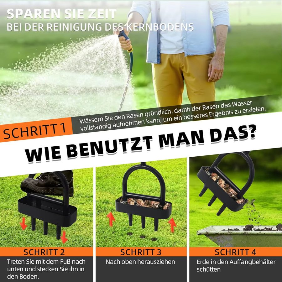 Manueller Rasenlüfter aus Metall mit 3 Hohlzinken, Aerifizierer mit T-Griff, Auffangablage und Reinigungsgabel in Schwarz - Bild 2