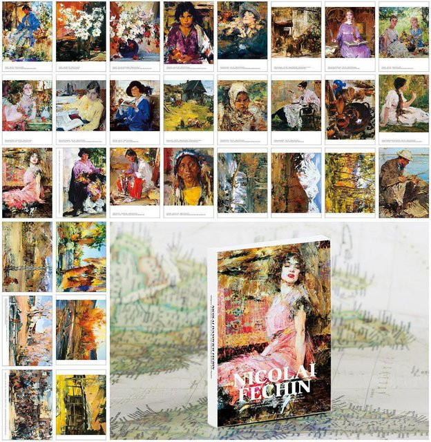 Nicolai Fechin Kunstpostkarten Set mit 30 Stück in Multicolor, Ästhetisches Briefpapier im Retro-Gravur-Stil für Sammler und als dekoratives Geschenk - Bild 1