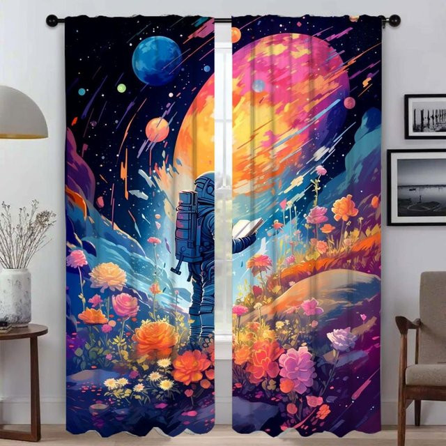 2-teiliges Verdunklungsvorhang-Set mit Astronauten-Motiv in Multicolour, moderne Innenvorhänge für dein Wohnzimmer, Breite: 50 cm, Höhe: 70 cm - Bild 1