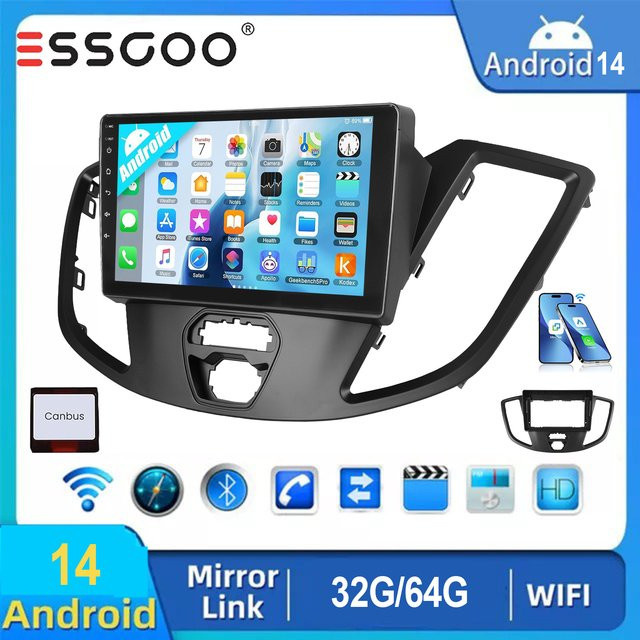ESSGOO Android 14 Autoradio für Ford Transit 2015-2019 mit 9 Zoll Display, GPS, Wireless CarPlay, Android Auto, Bluetooth und WiFi, Schwarz - Bild 1