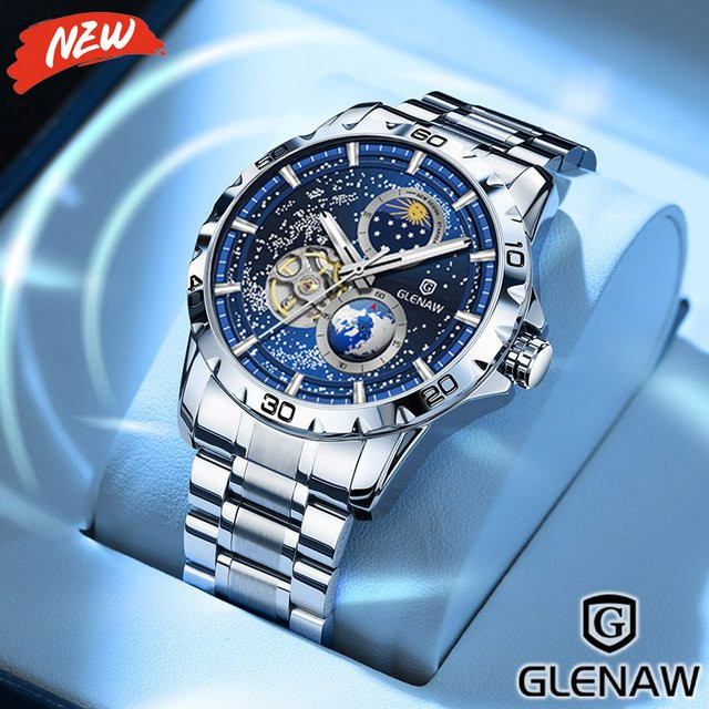 GLENAW mechanische Armbanduhr, Edelstahl, Herren, Blau, Schwarz - Bild 1
