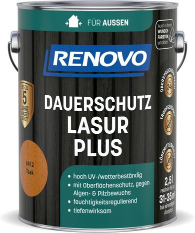 RENOVO Dauerschutzlasur PLUS lmh für Holz, Farbe: Teak Braun, 2,5 l - Bild 1