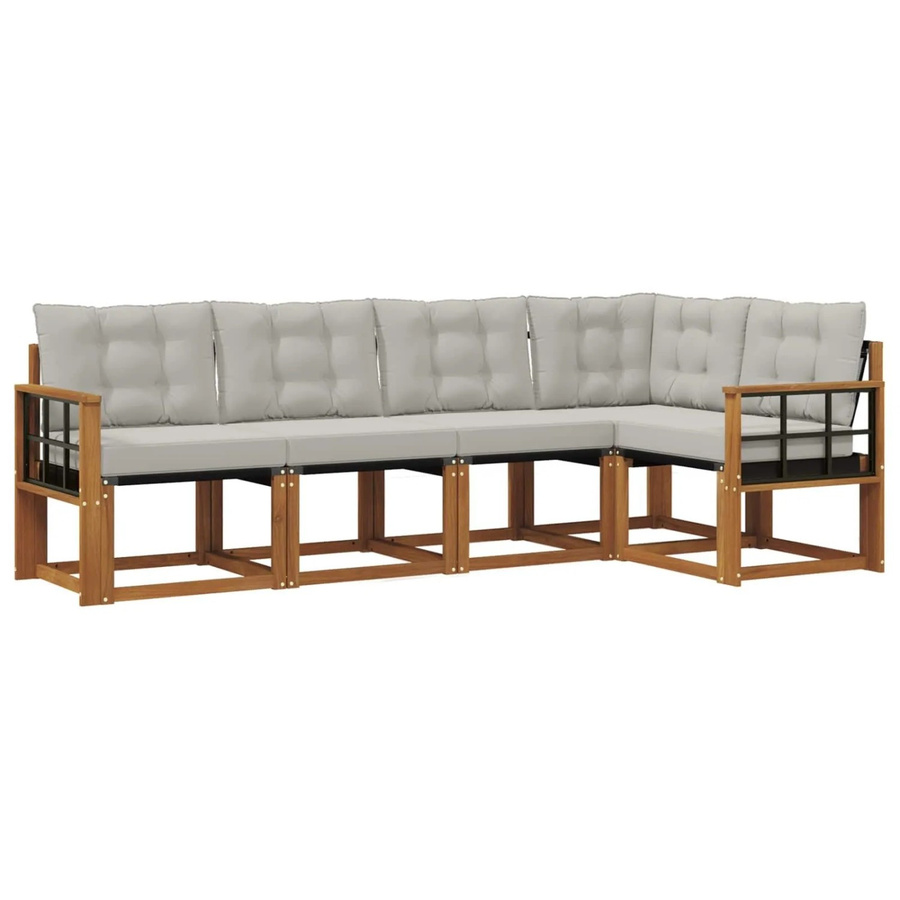 vidaXL Outdoor-Sofagarnitur 5-tlg. in L-Form aus Akazienholz mit Textilene und Kissen, Beige und Grau - Bild 2