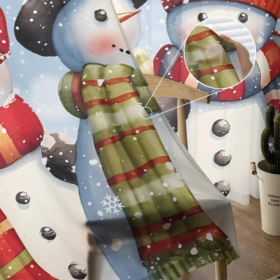 Yiran Furniture Transparent Voile Vorhang mit Schneemann und Schneeflocken Motiv in Blau, Breite: 135 cm, Höhe: 115 cm - Bild 1