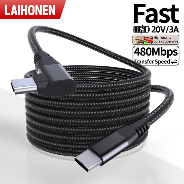 LAIHONEN USB-C zu USB-C Kabel 90-Grad Winkel, PD 60W Schnellladung und Datensynchronisation, Nylon-Ummantelung, Schwarz - Bild 1
