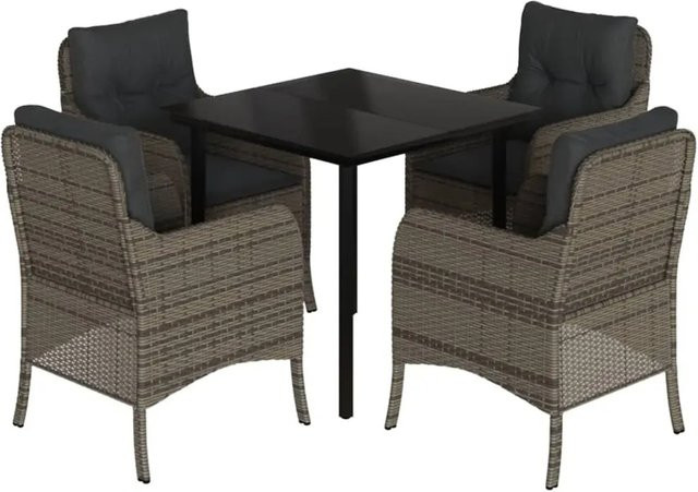 vidaXL 5-teilige Garten-Essgruppe aus PE-Rattan mit Kissen und Hartglas in Grau - Bild 1