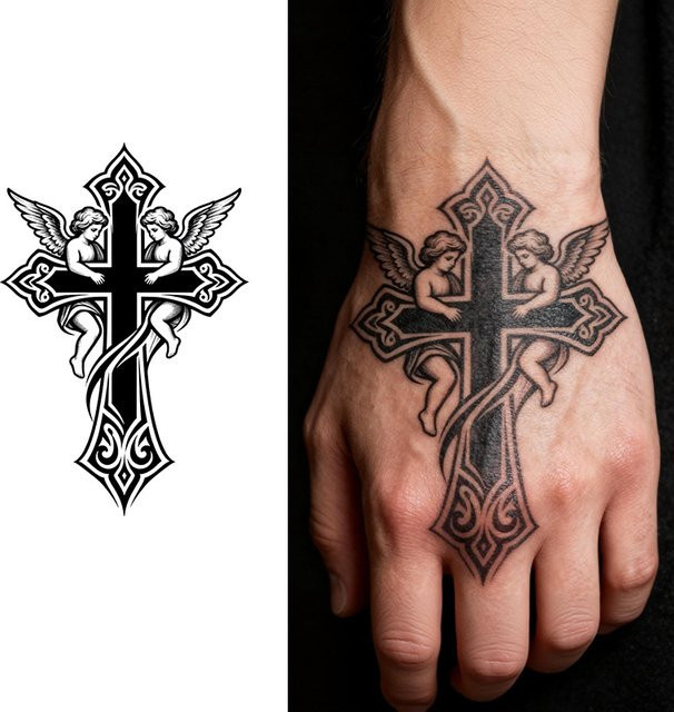 Kreuz & Engel Temporäres Tattoo, Kräuter-basiert, wasserfest - Bild 1
