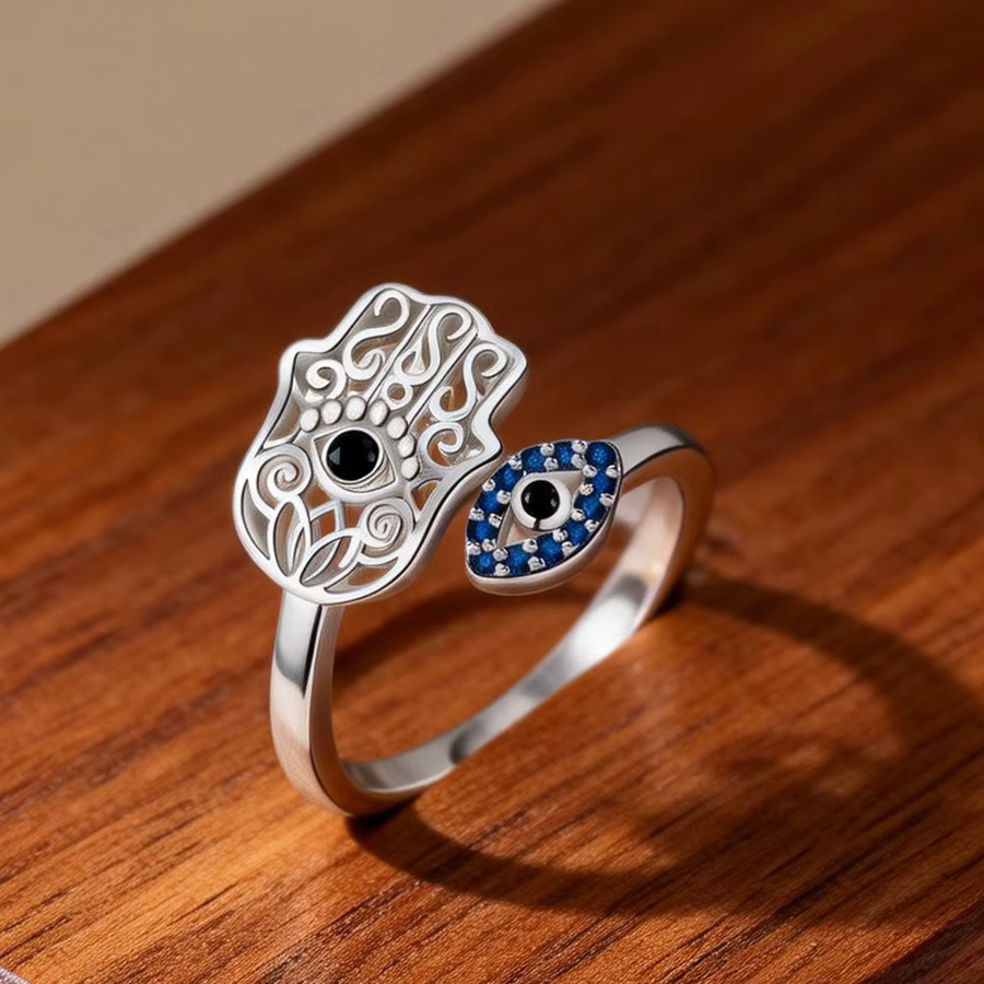 YILUOCD Ring 925 Silber, Zirkonia, Hand der Fatima, Lotus, Böser Blick - Bild 2