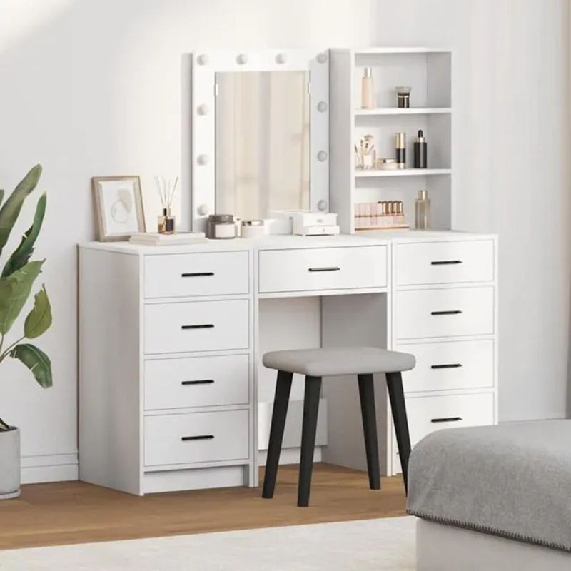 Vidaxl 3-teiliges Schminktisch-Set aus Holzwerkstoff in Weiß, modern - Bild 1