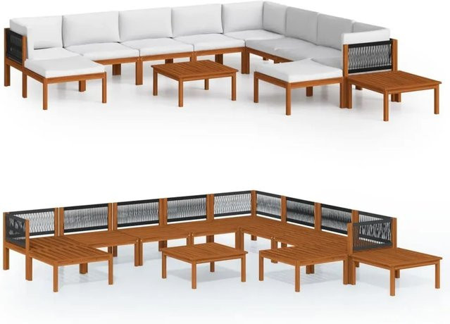 vidaXL 12-teiliges Garten-Lounge-Set aus Akazienholz und Seil in Cremeweiß mit Kissen im L-Shape Design - Bild 1