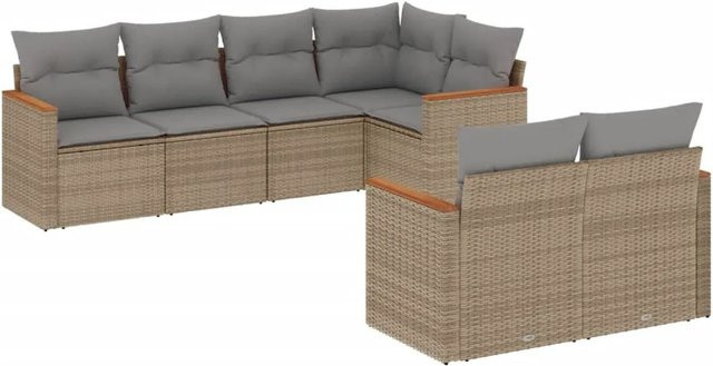 vidaXL 7-tlg Garten-Sofagarnitur in L-Form aus Poly-Rattan und Akazienholz mit Kissen in Beige - Bild 1