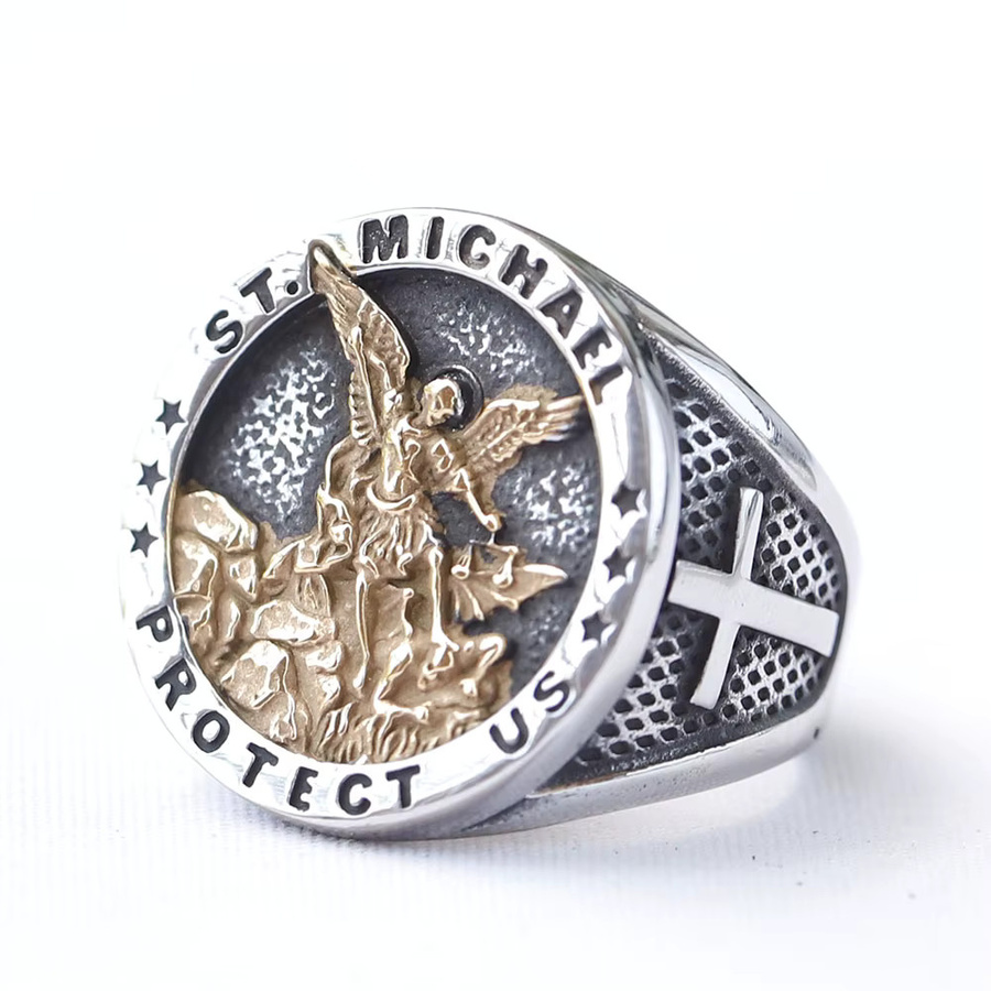 Ring Edelstahl, Goldfarben, St. Michael Kreuz, Vintage, Herren - Bild 3