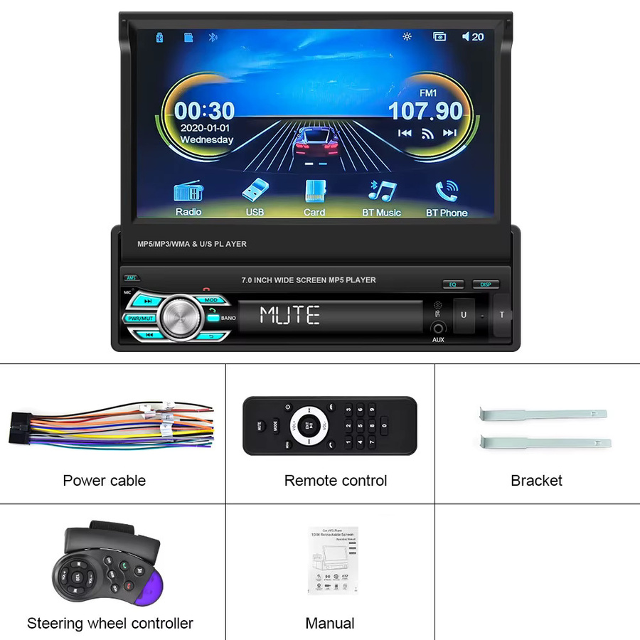 Podofo 1Din Autoradio mit 7 Zoll einziehbarem Bildschirm, Bluetooth, Carplay, Android Auto, MP5 Multimedia-Player und Mirror Link in Schwarz - Bild 6