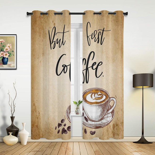 Yiran Furniture Vorhang mit Kaffeetassen und Süßigkeiten Motiv in Beige, halbtransparentes Design für Wohnzimmer und Küche, Breite: 135 cm, Höhe: 60 cm - Bild 1