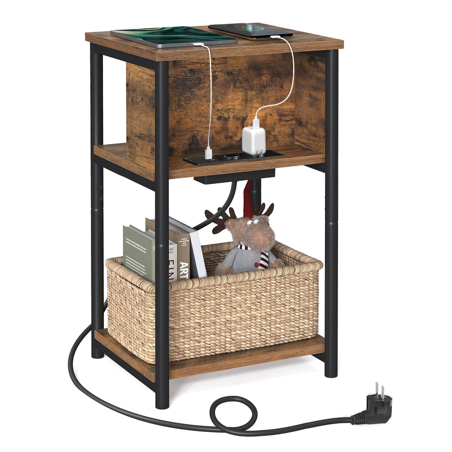 VASAGLE Beistelltisch in Braun mit Steckdosen und USB-Anschlüssen, schmaler Nachttisch im Industrial Design, B/T/H: 30 x 34 x 58 cm - Bild 2