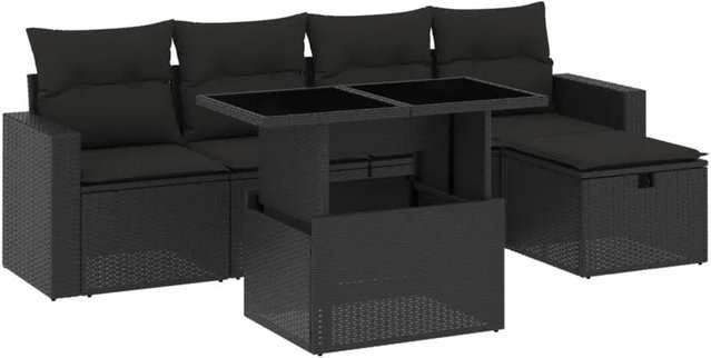 vidaXL 6-teilige Garten-Sofagarnitur in L-Form aus schwarzem PE-Rattan mit Polsterkissen und pulverbeschichtetem Stahlgestell - Bild 1