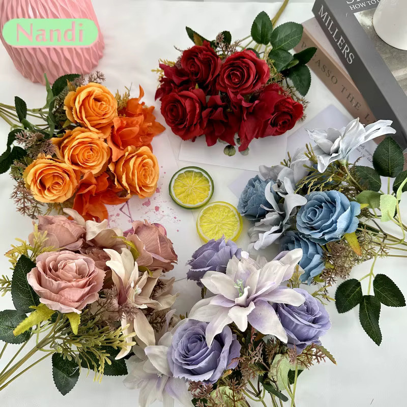 7-teiliger künstlicher Blumenstrauß aus Textil mit Lilien und Rosen von NANDI in Multicolour für deine Hochzeits-, Heim- oder Tischdekoration - Bild 2
