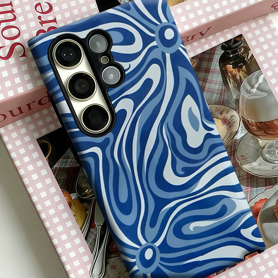 Stoßfeste Doppelschicht Handyhülle mit blau-weißem abstrakten Wirbel-Design für Samsung Galaxy S25 Ultra, S24 und S23 Ultra Plus - Bild 4