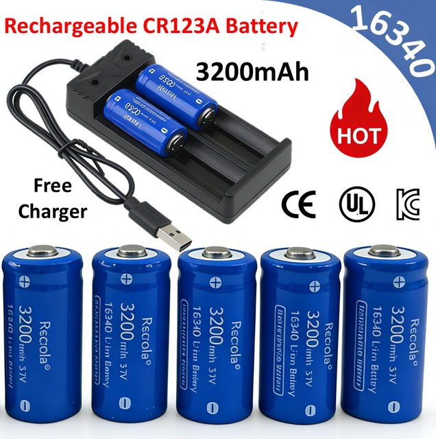 Rscrola Wiederaufladbare 16340 Li-Ionen-Batterie mit Ladegerät, 3200 mAh, 3 V, Blau, passend für Arlo VMC3030 Security Devices - Bild 1