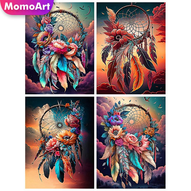Momoart Diamantmalerei Dreamcatcher DIY mit Blumen und Federn in Multicolour, runde Wanddekoration im Boho-Stil, Durchmesser: 20 cm - Bild 1