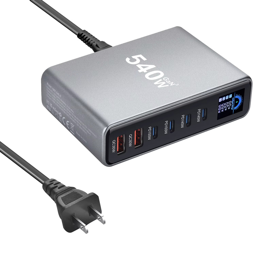 Deepartner 540W Desktop GaN Ladestation mit Display, Multi-Port Schnellladegerät in Grau mit 4 USB-C und 2 USB-A Anschlüssen - Bild 3